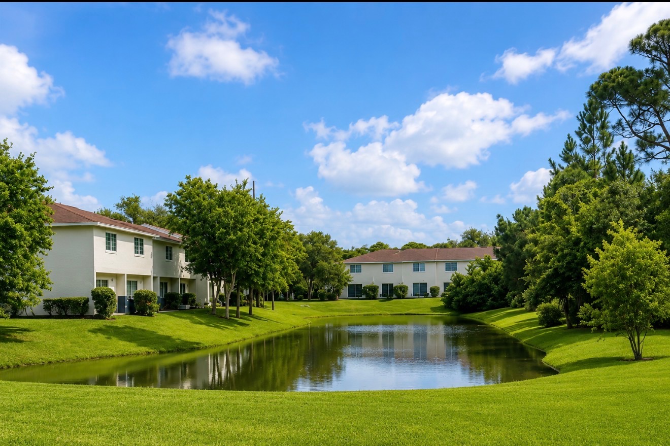 Weatherbee Townhomes community with townhomes, lush lawn, and a peaceful lake view